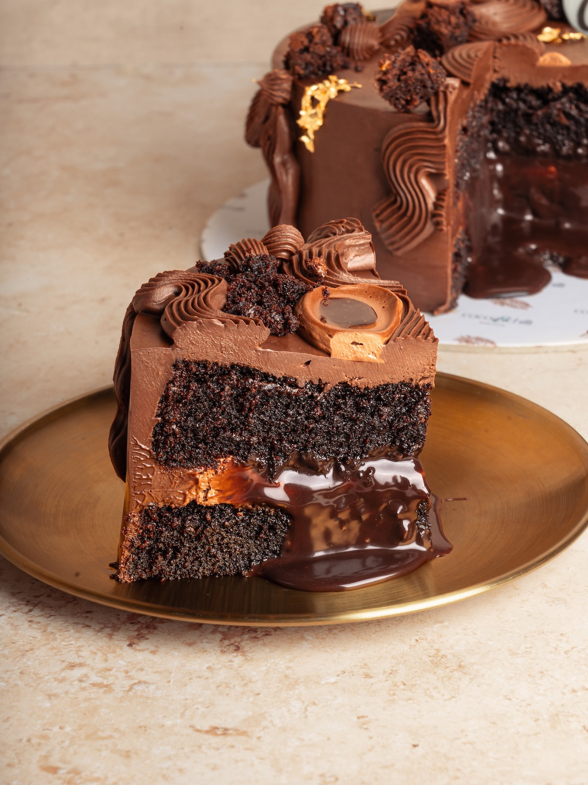 Chocolate cake w/ fudge sauce & dark chocolate ganace