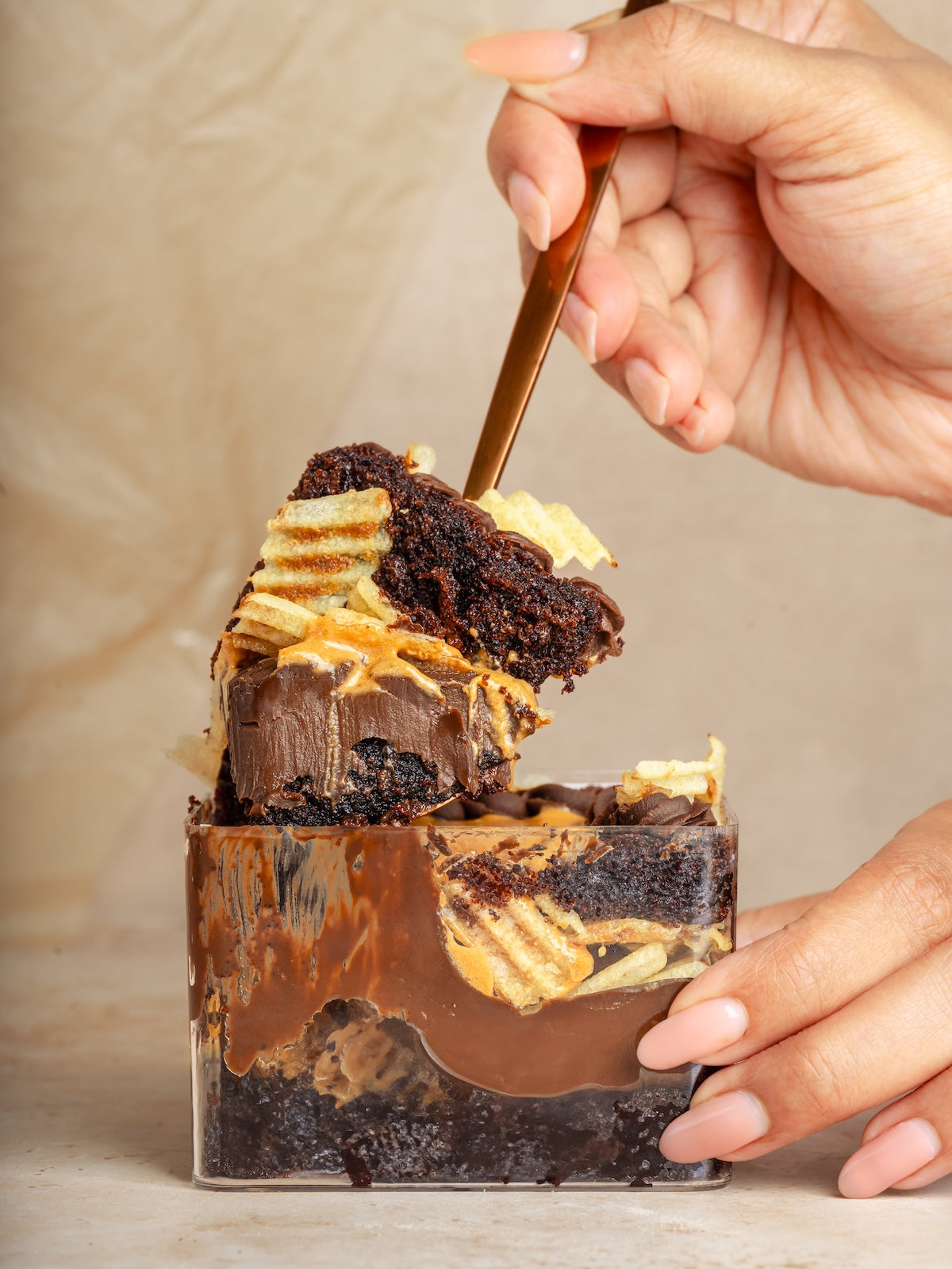 Chocolate cake with whipped caramel, caramelized potato chips & fudge frosting