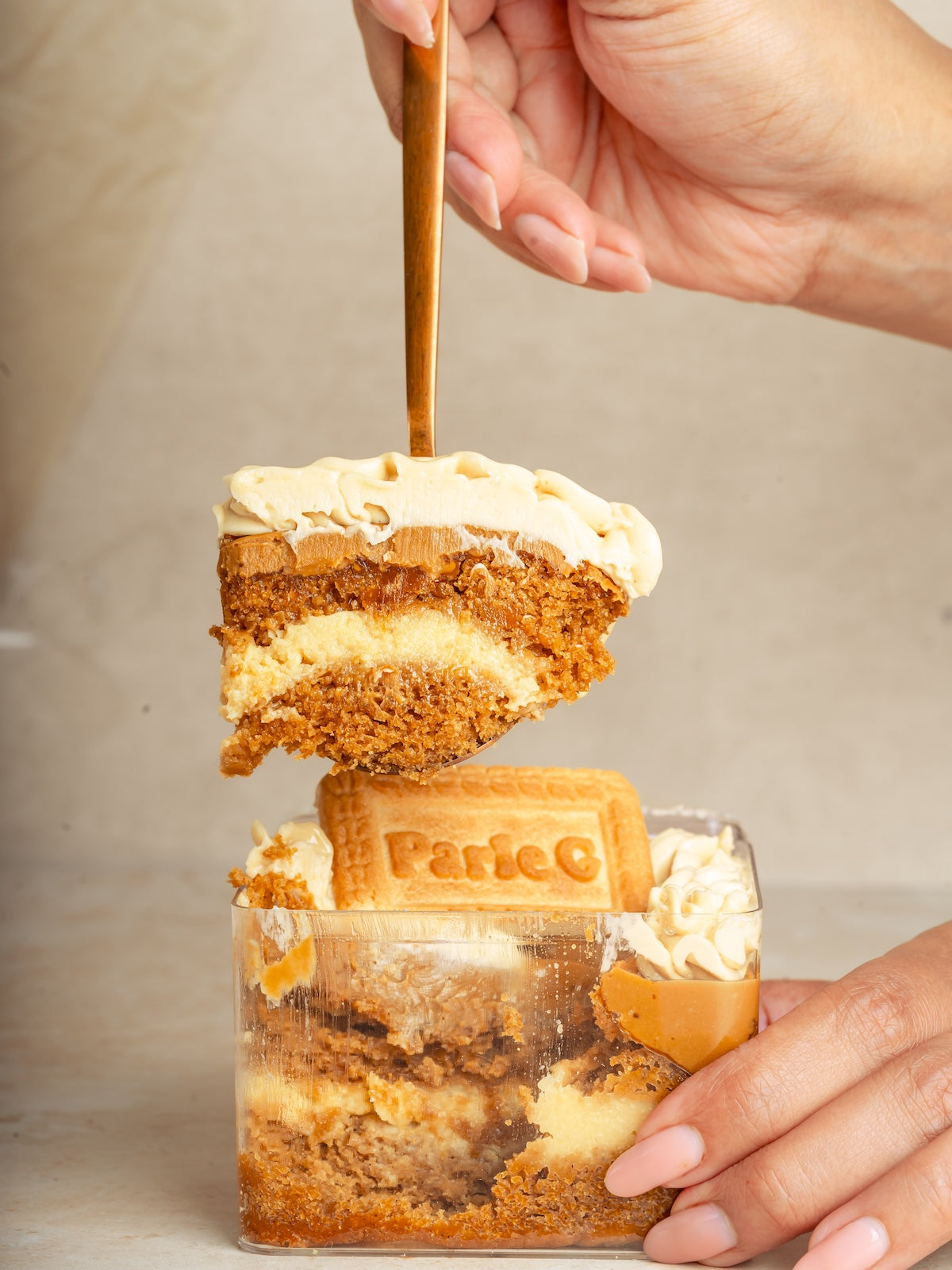 Chai Cake With Parle-g Biscuit Infused Custard And Lotus Biscoff Ganache